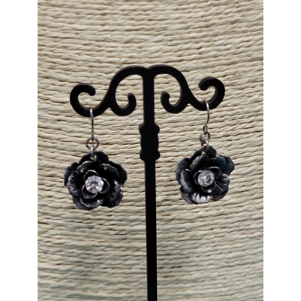 SIGNED Premier Designs Rhinestone Flower Pierced Drop Earrings Silver Tone